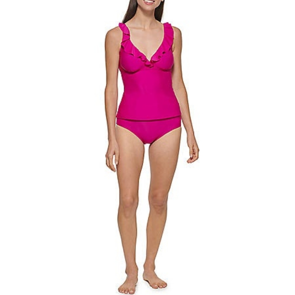 NWT DKNY Womens Fuschia Ruffle Tankini 2 Piece Swimsuit MSRP $118 - Picture 4 of 6